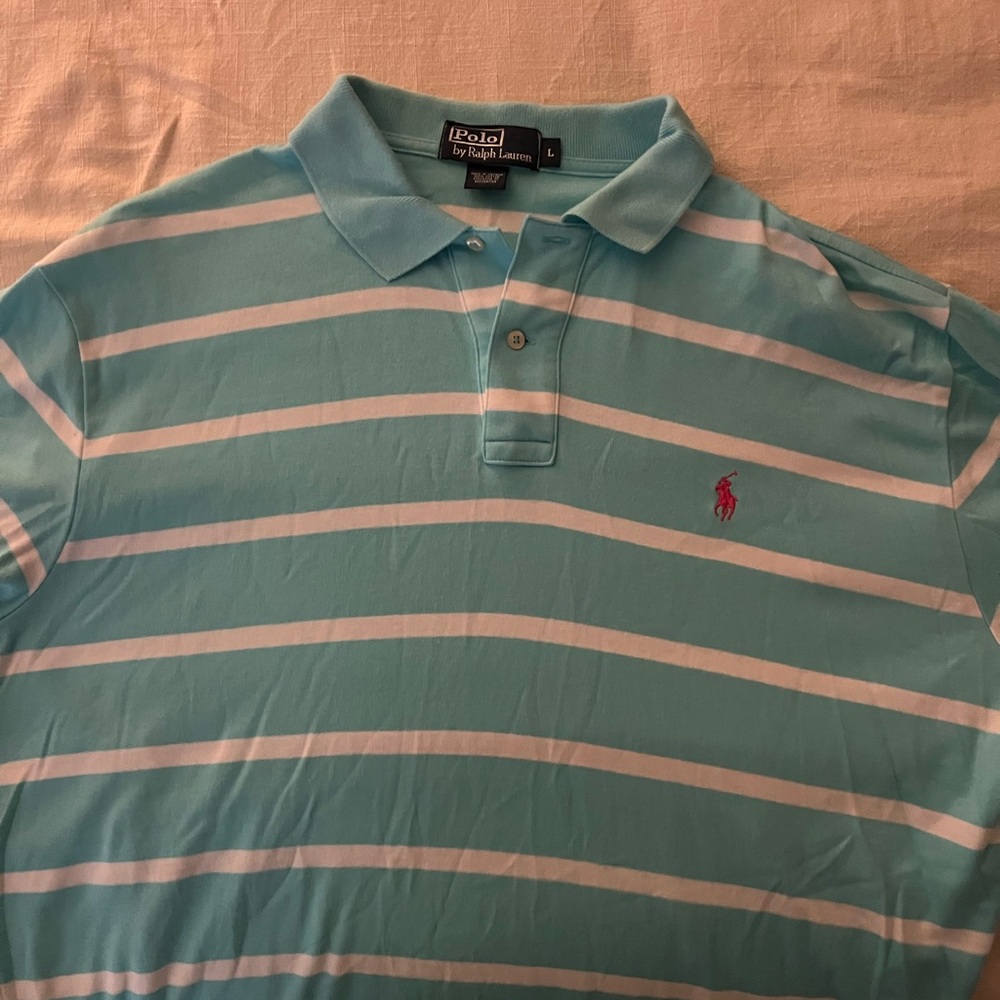 Polo by Ralph Lauren Men's Aqua and White Striped Polo